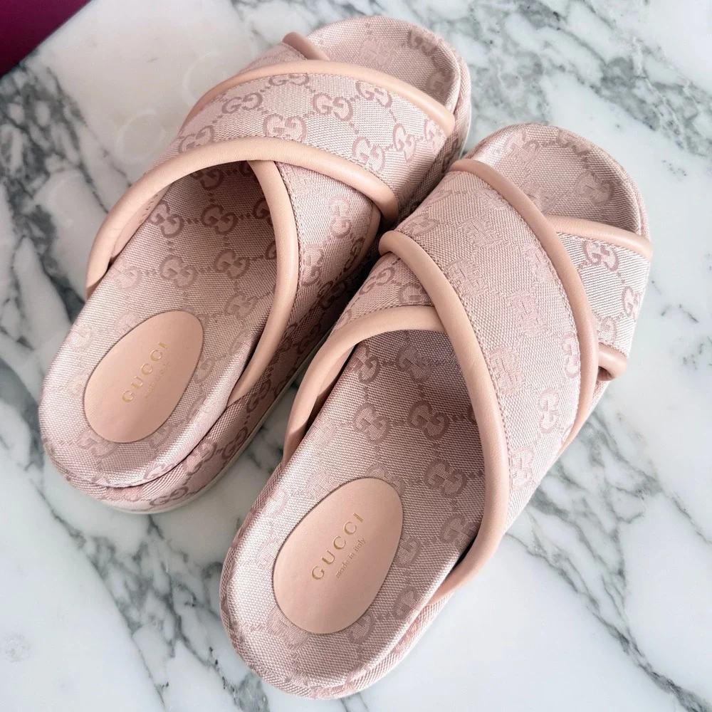 Gucci GG Canvas Platform Slide Sandals Pink Crisscross 816798 FAD9D 6845 Size 39